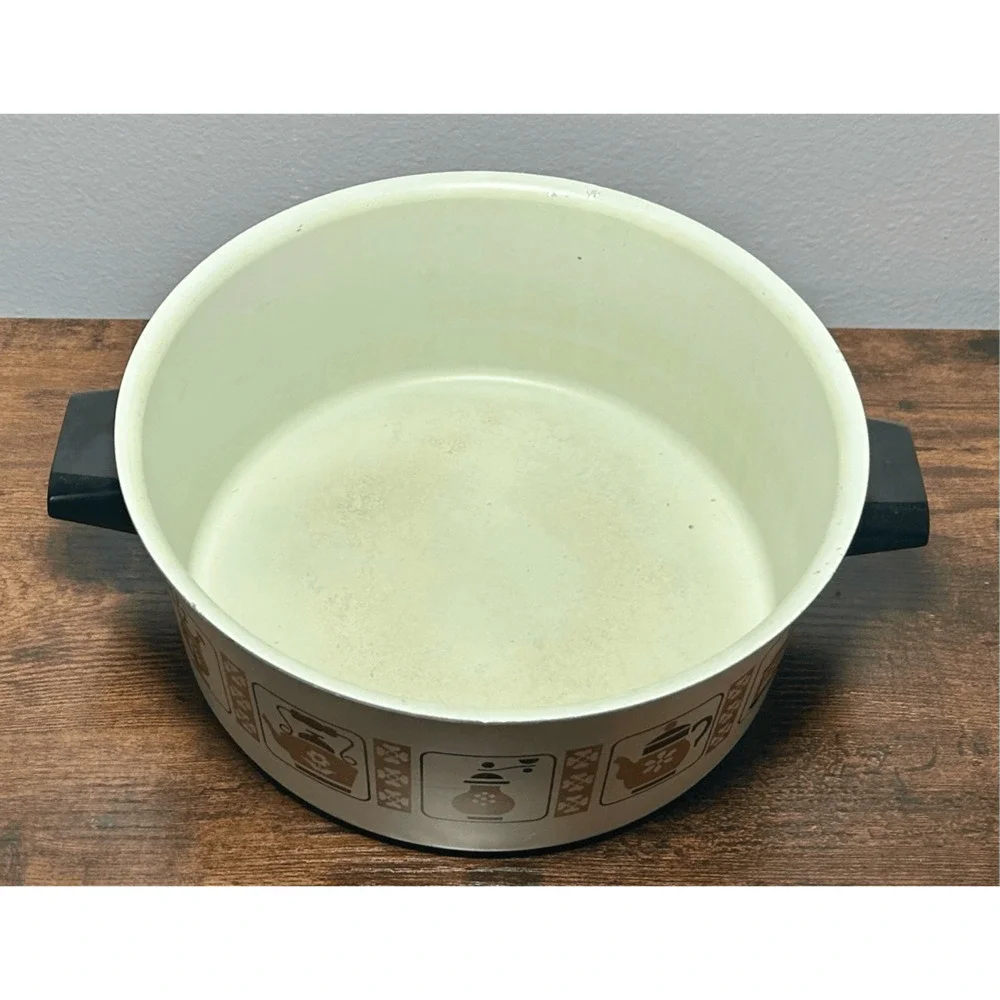 Vintage 1970s Enamel Sauce Pan Stock Pot 5 Qt MCM Coffee & Grinder Design